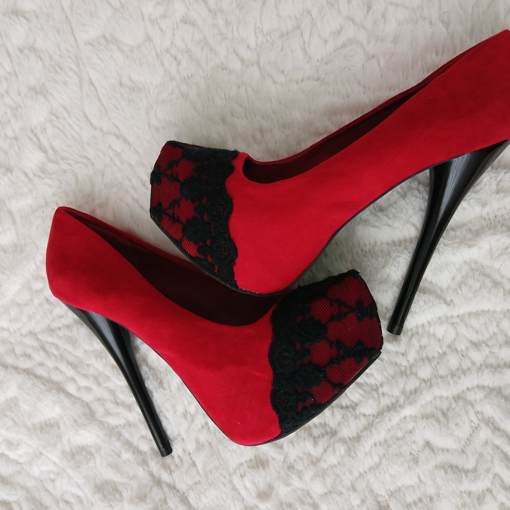 Charlotte Russe Red and Black Lace Platform Heels